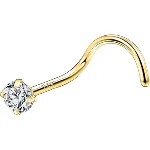 14K Solid Gold Nose Studs Rings 20g 18g, Moissanite Corkscrew L Shaped Nose Rings, Hypoallergenic 18 20 Gauge Nose Ring Piercing for Women Men Gifts - 2mm 2.5mm 3mm Moissanite