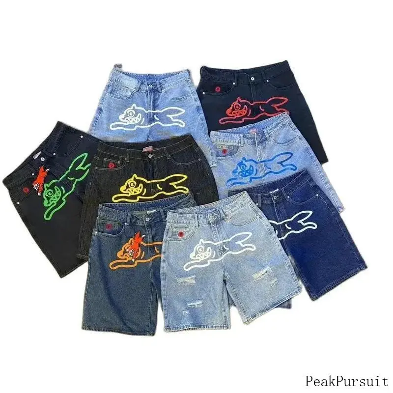 American street hip-hop washed Flying Dog printed denim shorts for men, cross-border direct sales, high street casual capri pants trend