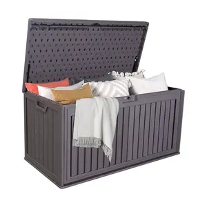 100gal Patio Storage Box - HDPE Resin Outdoor Deck Box with Hydraulic Hinge, Lockable Lid, Side Handles, Waterproof Plastic Container for Patio Furniture Cushions, Garden Tools (Brown)