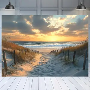 1pc Polyester Summer Beach Scene Party Backdrop Banner - Summervibes Sunset Coastal View with Sandy Path, Ocean Waves, No Electricity Needed, Ideal for Home Decor, Birthday Events
