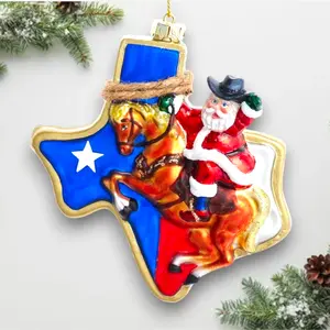 Glass Texas Santa Christmas Ornament – Cowboy Santa with Horse & State Flag Design – Western Holiday Décor – Handcrafted Glass – Noel Box