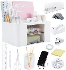 Desk Organizers and Accessories 12+1Pcs, Office Supplies for Desk, Pen Organizer with 2 Drawers with Stapler,1000 Staples, Phone Holder, Tape Dispenser, Pen Holder, Sticky Note, Clips, Ruler,Etc