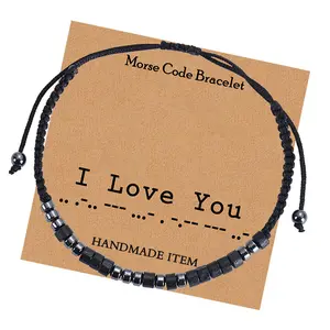 Vintage Women Men Morse Code Braided Bracelet Casual Adjustable Rope Woven Morse Code Bracelet Unisex Stones 'I Love You' Beads Bangle Chain Bracelet Jewelry Gift