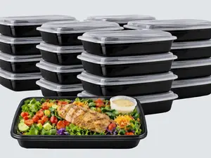 58oz One Time Use Plastic Black BPA Free Food Prep Containers, Nuts Container, Bento Box, Fast Food Take Out Box, BBQ Box, Portable, Stackable, Extra Thick, Microwavable, Freezer Safe, Disposable, Leak proof, Dish Washer Safe