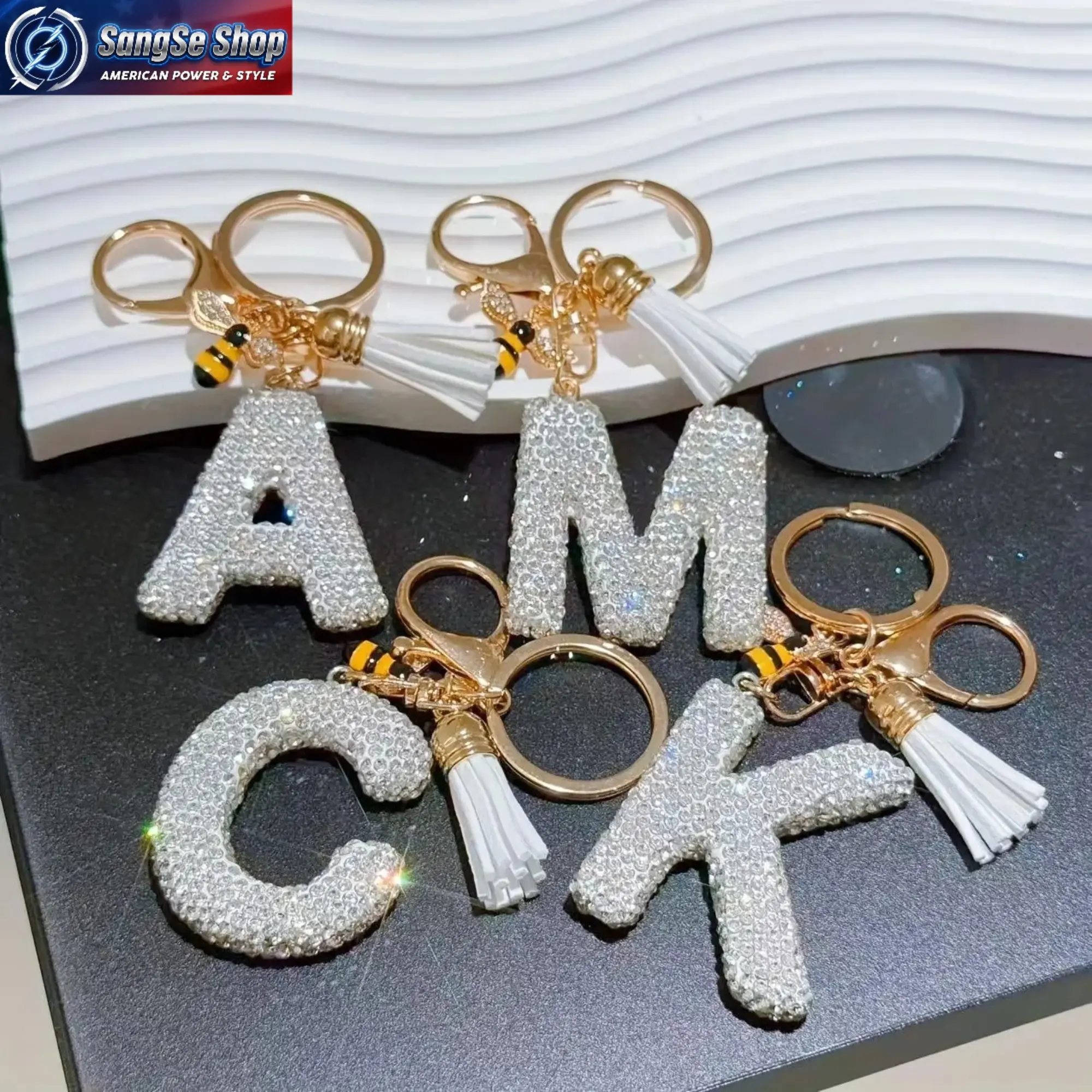 Women’s Personalized Rhinestone Initial (A-Z, incl. A,J,V,X) Keychain - 2026 Trend Plastic Base Bee Charm Tassel Pendant, A Sparkly Look Fashion Letter Bag Accessory for Car Keys, Backpacks, Graduation Gift for Women, Graduations, Gift Ideas, Birthdays