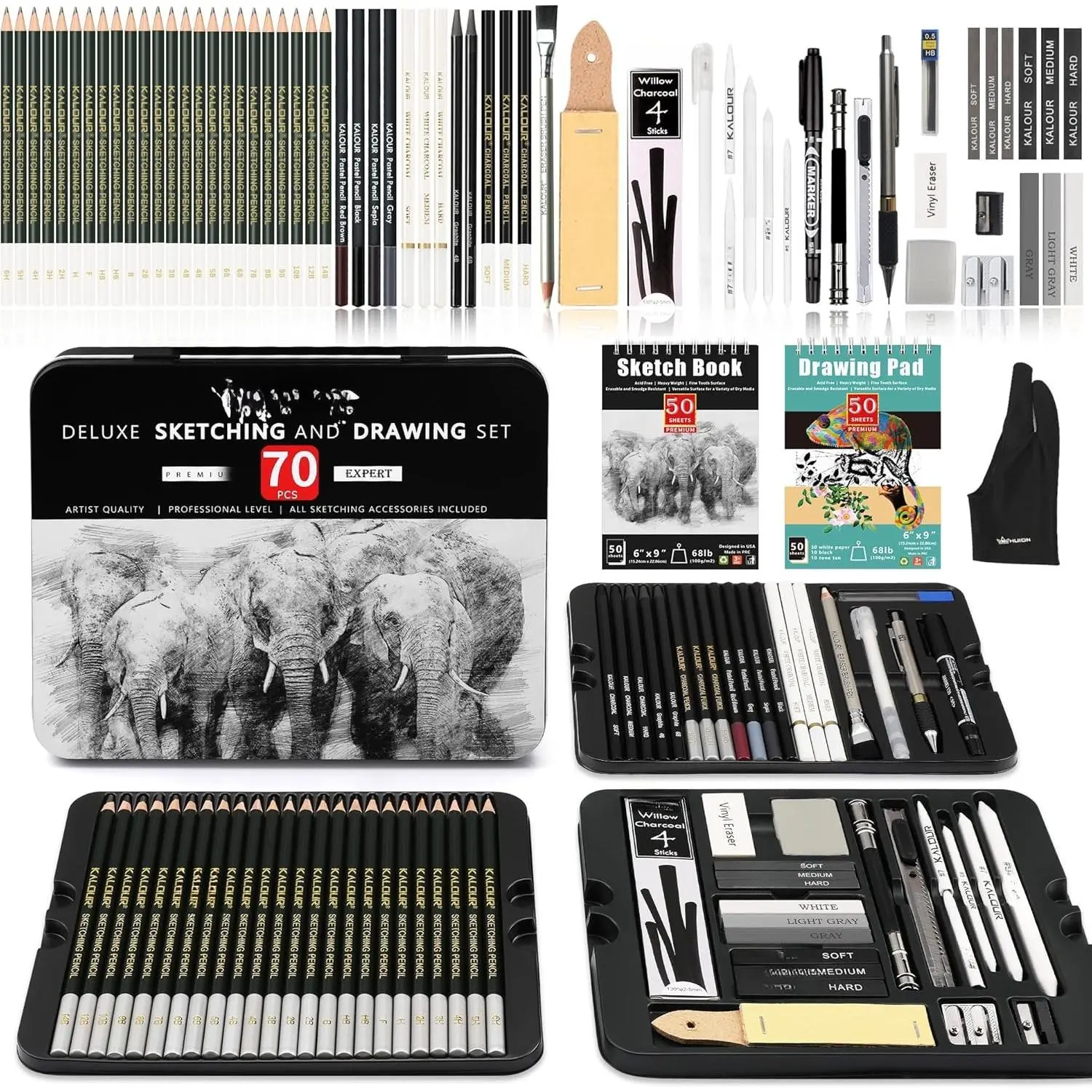 72-Pack Sketch Drawing Pencils Kit with Sketchbook and 3-color Drawing Paper,Tin Box,Include Graphite,Charcoal,Drawing Glove and Artists Tools,Pro Art Drawing Supplies for Adults Beginner