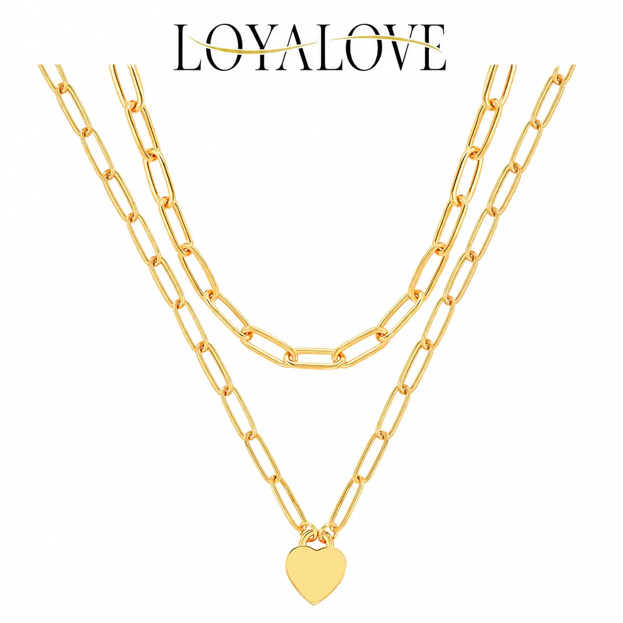 LOYALOVE Women's 2-Piece Adjustable Gold Chains Set - Necklace Stack with Chunky Links Paperclip Chain & Heart Pendant, Casual Style Necklaces for Everyday Wear Minimalist Jewelry Gift