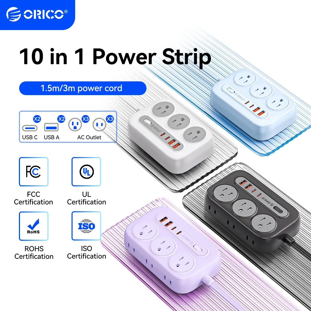 ORICO Power Strip, 10-in-1, 6 AC Outlets, 2 USB-A + 2 USB-C (20W Fast Charge), Surge Protection, 5-20ft Cord, for Home/Office/Travel, with 10-Year International Warranty-OG20