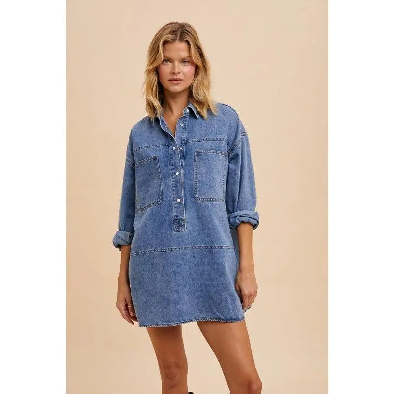 VINTAGE WASHED DENIM TUNIC Cotton Womenswear Shirts Comfortable Pockets Casual Collar Top Blouse Minimalist Basic