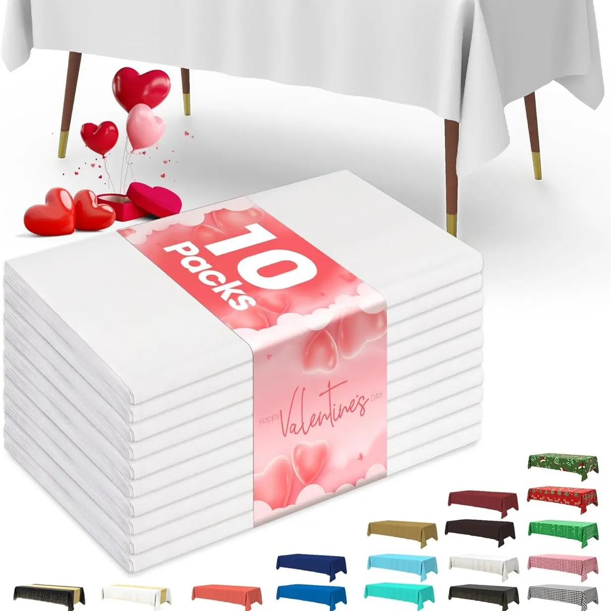10-Pack Disposable Plastic Rectangle Tablecloths Set, 54x108 in Leakproof Sturdy White Modern Table Top Covers, Party Accessories, Wedding Party Supplies for Outdoor Table Use, Ten Pieces, 10 Table Cloths