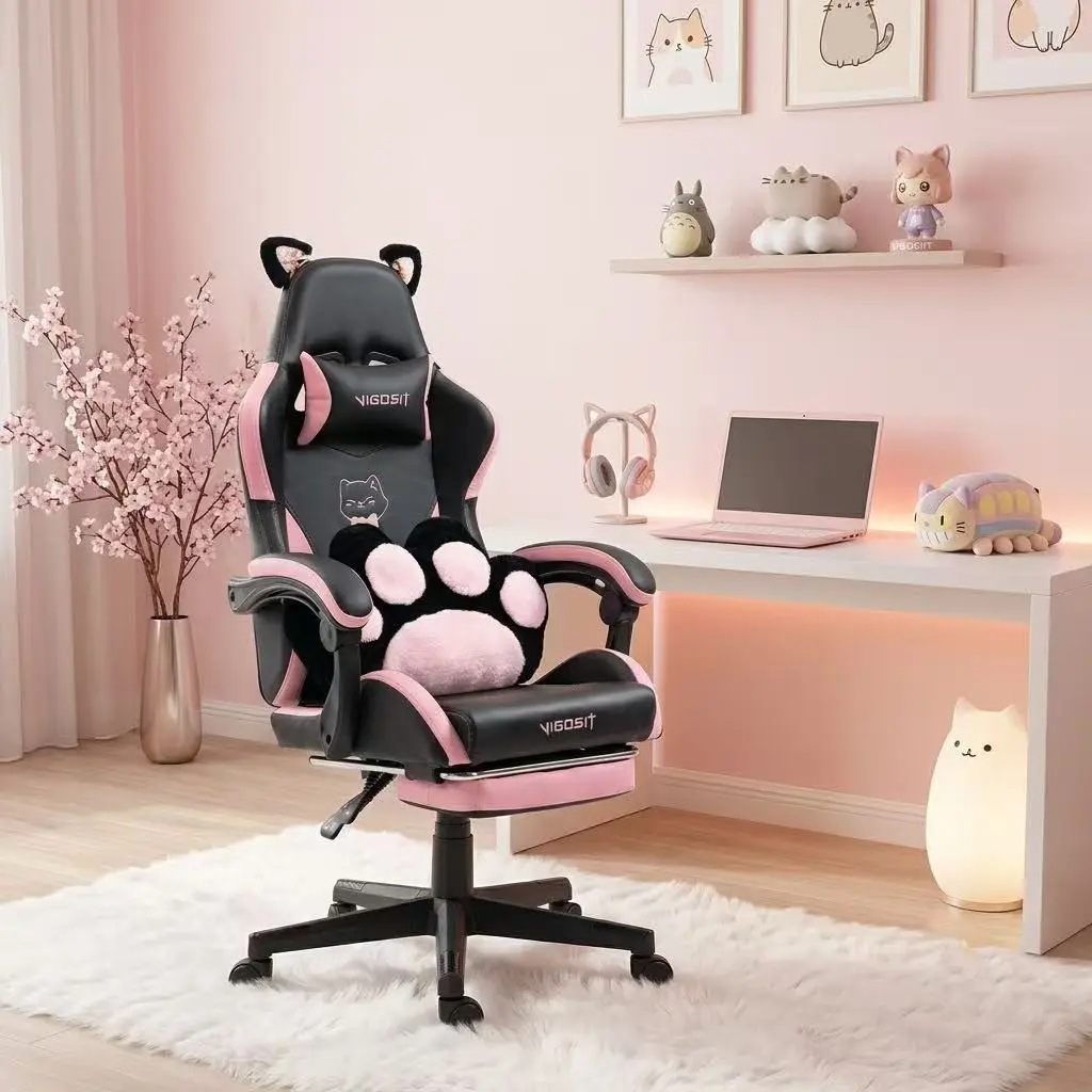 Cat Gaming Chair with Paw Lumbar Cushion & 3D Embroidered Ears, Ergonomic PC Gamer Chair for Girl Teen Woman, No More Back Pain or Boring Seats