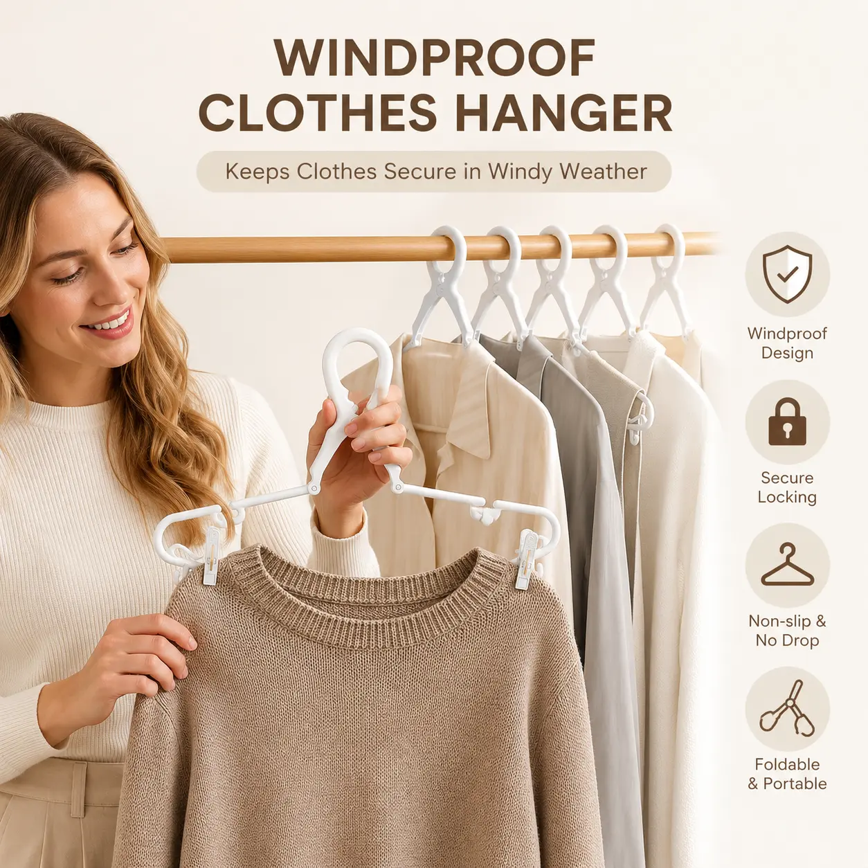 1 Count Windproof Foldable Clothes Hanger with Clips, for Balcony Drying and Wardrobe Daily Clothing Storage