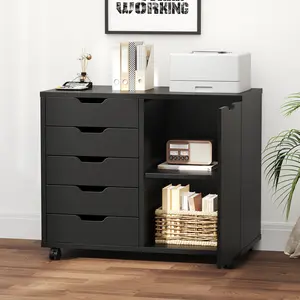 5 Drawer File Cabinet Office Drawers Organizer with Wheels Rolliing, Under Desk Cabinets with Shelves and Door Printer Stand with Wood Board Metal Frame for Home Office Storage Craft Room