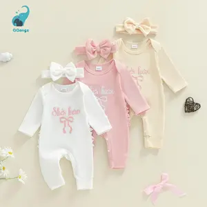 Baby Girls Fall Romper Bow Letter Print Waffled Long Sleeve Round Neck Jumpsuit with Headband	