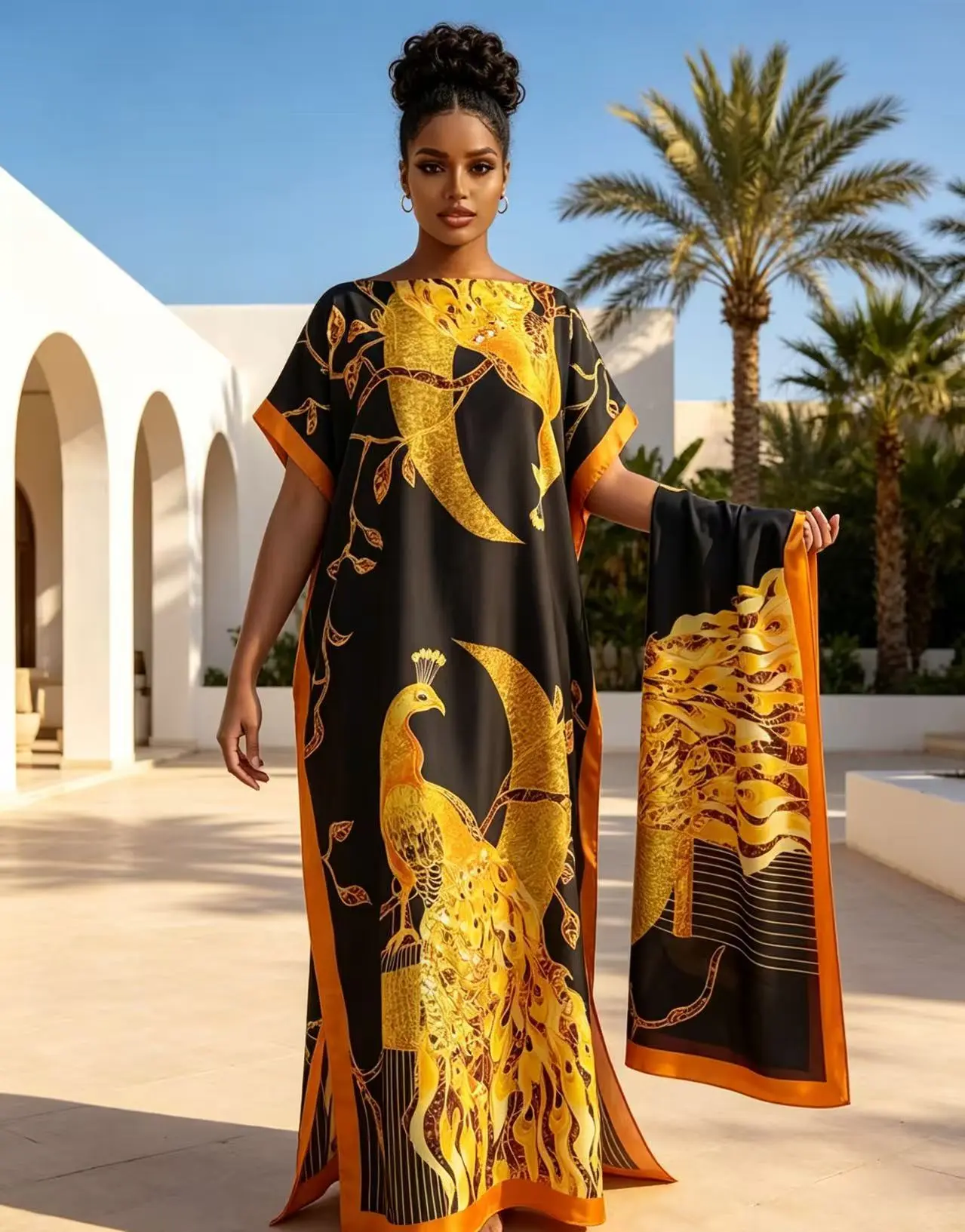 2026 New Women's 2 Piece Multicolor Geometric Print Kaftan Maxi Dress with Matching Scarf, Silky Loose Satin Robe, Plus Size Friendly, Beach Cover Up, Casual Wear, Resort Vacation & Evening Pa  Silky rty Wear,  # moo moo and scarf  head wrap    shawl