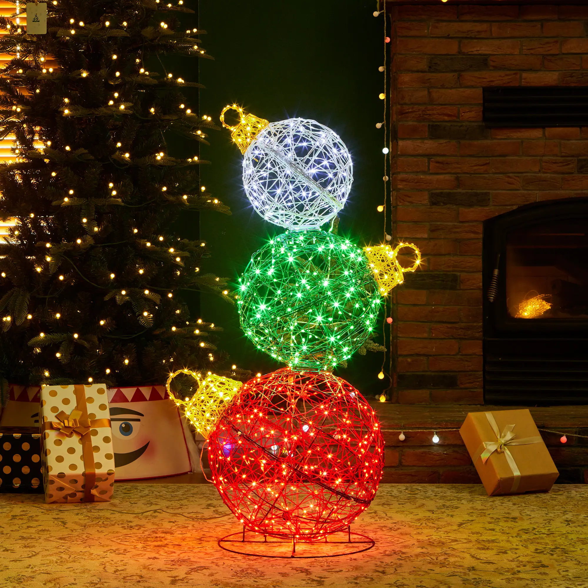 Glitzhome 39.25"H Lighted 3D PVC Stacked Balls Christmas Ornament, 760 Green LED Lights, Metal, Extra Zip Ties, KD, Outdoor Indoor Decorative Festive Christmas Decor for Rainy or Frosty Days