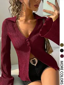 Women's Solid Color Fitted Flared Bell Sleeve Blouses & Shirts, Casual Elegant Long Sleeve Top for Daily Wear, Ladies Clothes for All Seasons