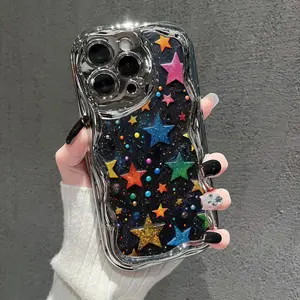 A phone case with many colorful star patterns, electroplated and shockproof, suitable for iPhone 17 Air/16 Plus/15 Pro Max/14 Pro/13/12/11/XS Max/X phone case, perfect for holiday gifts for family, friends, lovers, boyfriends, girlfriends DDNYBLK04