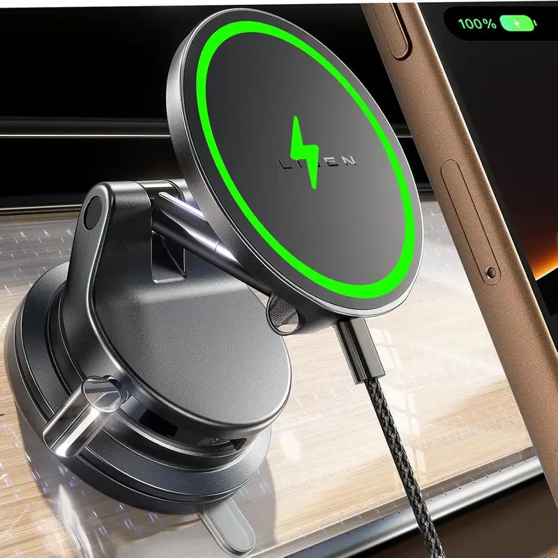 LISEN 15W Magsafe Car Mount Charger，[Lever Lock] Suction Cup Phone Mount,360° Vacuum Magnetic Car Phone Holder Charger Wireless for iPhone 17 Pro Max Air 16-12,Pixel 10,Samsung with MagSafe Case