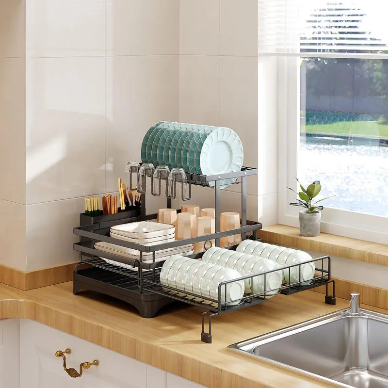 Over-Sink 2 Tier Dish Drying Rack – Expandable Adjustable Rack with 360° Drainage, Space-Saving Kitchen Shelf