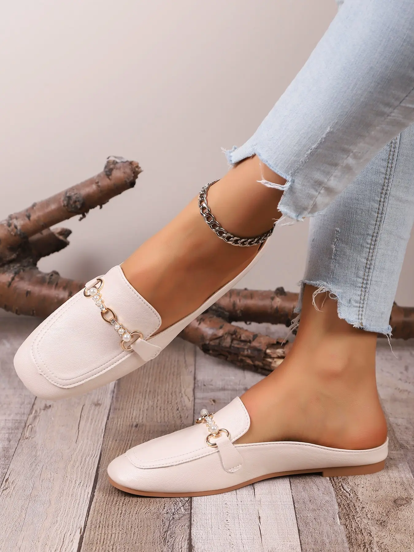2026 New Summer Closed-Toe Half-Slip-On Fashion Flat Oxford Bean Shoes, PU Leather Mules, Mule Flats, Large Size Solid Color Slippers, Casual All-Season Footwear