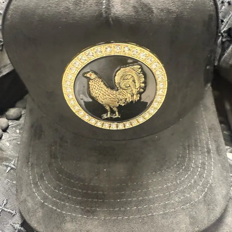 Suede Snap Back Hat with Stone Embroidery and Metal Plaque Featuring Rooster Design Breathable Comfortable Stylish Accessory