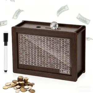Wooden Money Box with Counter, Money Saving Jar with Pen, Coin Bank for Adults & Kids, Piggy Bank Gift for Friends
