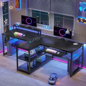 94.5 Inches T Shaped 2 Person Gaming Desk with Storage Black