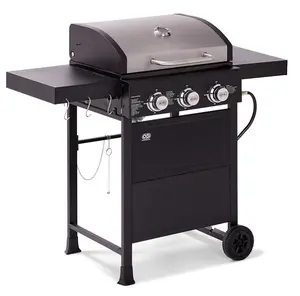 Outdoor Gourmet 3-Burner Liquid Propane Grill, Stainless Steel Camping Grill with 2 Foldable Side, Wheeled BBQ Grill,Tables Outdoor Kitchen & Backyard Barbecue 30000 BTU