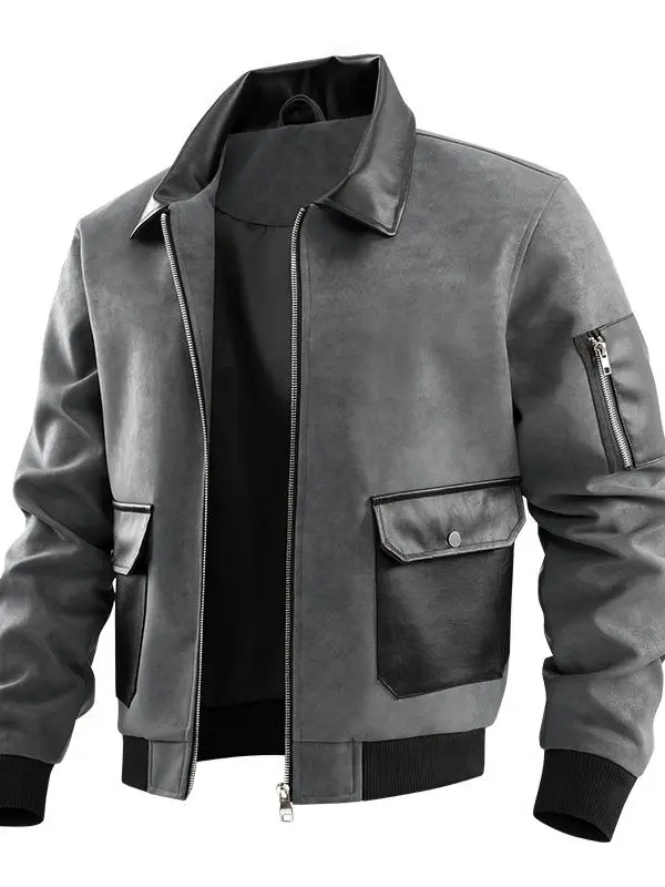 Men’s suede faux leather patchwork bomber jacket with lapel collar, zip closure, and multiple pockets,sohochic
