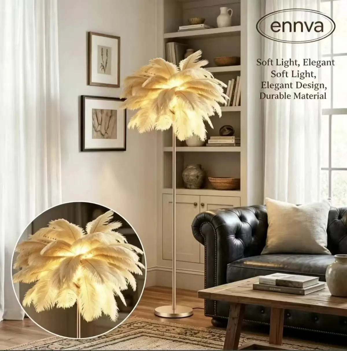 Ennva 63in Gold Fluffy Ostrich Feather Floor Lamp - 3-Color Temperature LED Modern Corner Lamp, Night Aesthetic Home Decor, Ideal Housewarming Gift homeessentials