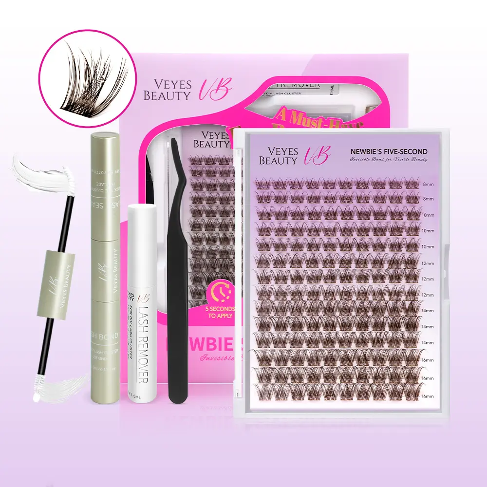 VEYESBEAUTY LuxeBold Brown Lash Clusters, Polybutylene Terephthalate Fiber Individual Eyelash Extensions Kit with Bond, Seal & Tweezer for Dramatic Volume At-Home Makeup Application, Lash Cluster, Eyelashes Clusters