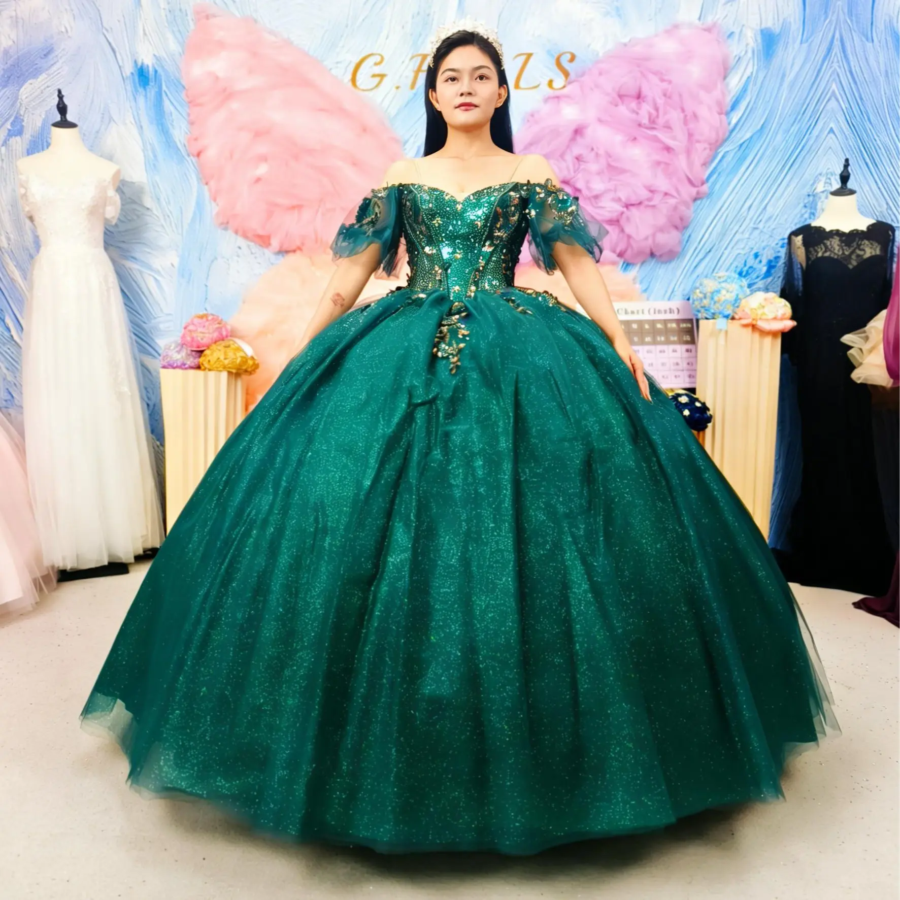 NO.10 Quince Dress in Emerald Green Sparkle Tulle Fabric, Floor Length with a Bow, Formal Elegant Dress, Cap Sleeve Gown, Elegant Fit, Chic Elegant Fit
