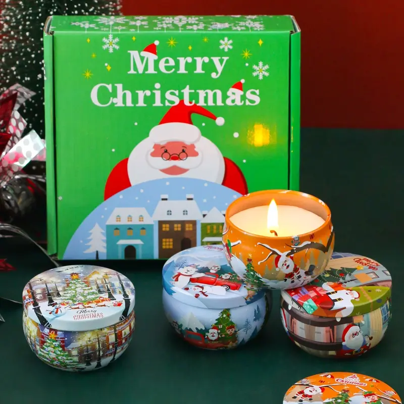 4 Christmas Holiday Candle Gifts - Family Fragrance Scent Soy Wax Aromatherapy Set Candles, Durable Natural Soy Wax Aromatherapy Canned Candles, Women's Friends' Mom Christmas Gifts