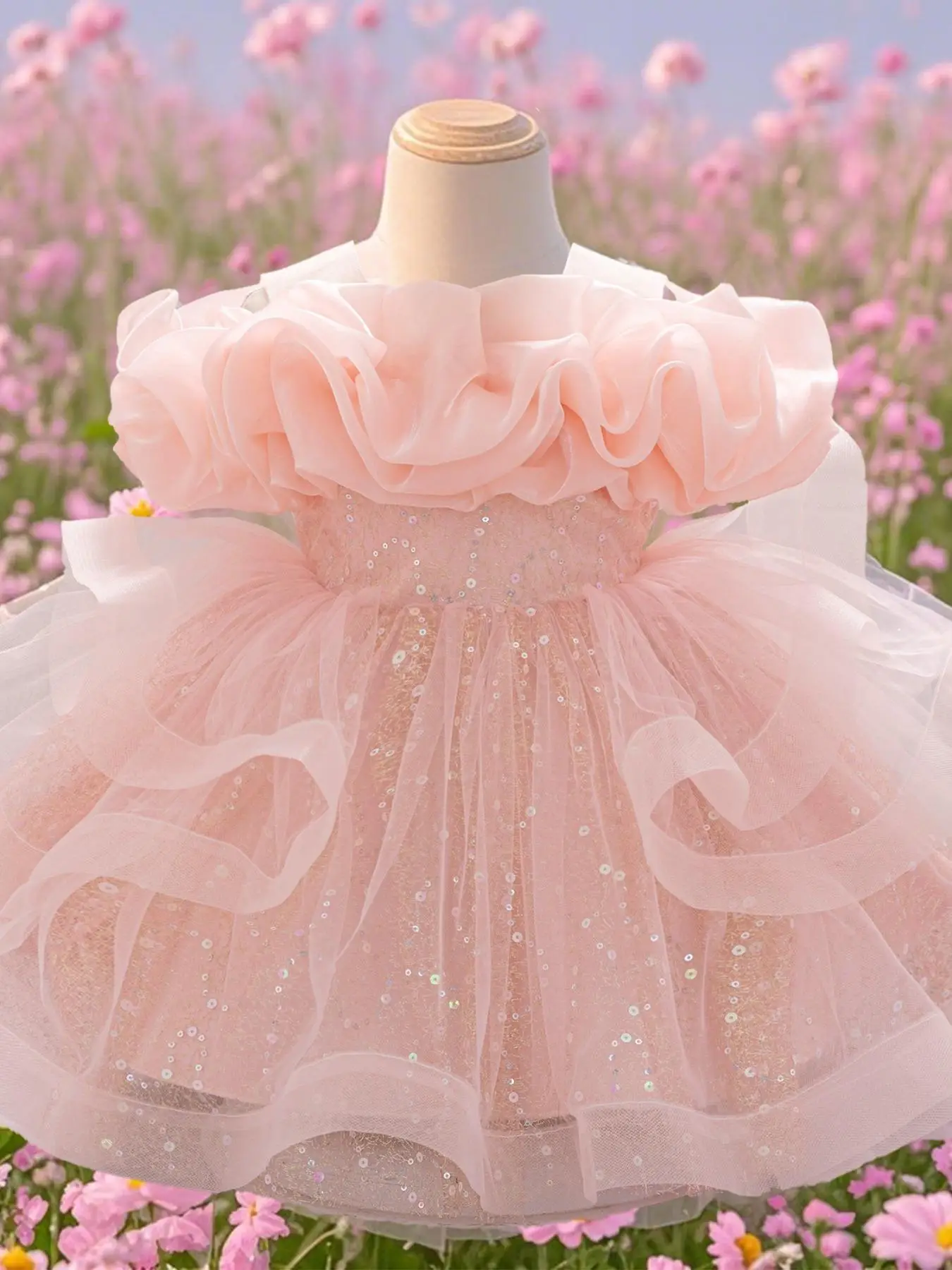 Baby Girl's Glitter Mesh Dress Elegant Round Neck Dress for Party Newborn Infant Kids Clothes for All Seasons