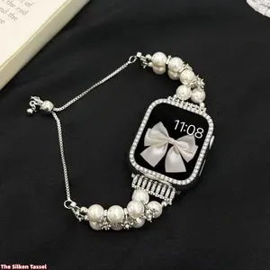 For Apple Watch Watch Double Row Pearl Agate with Fine Diamond Retractable Chain iWatch S8 Strap