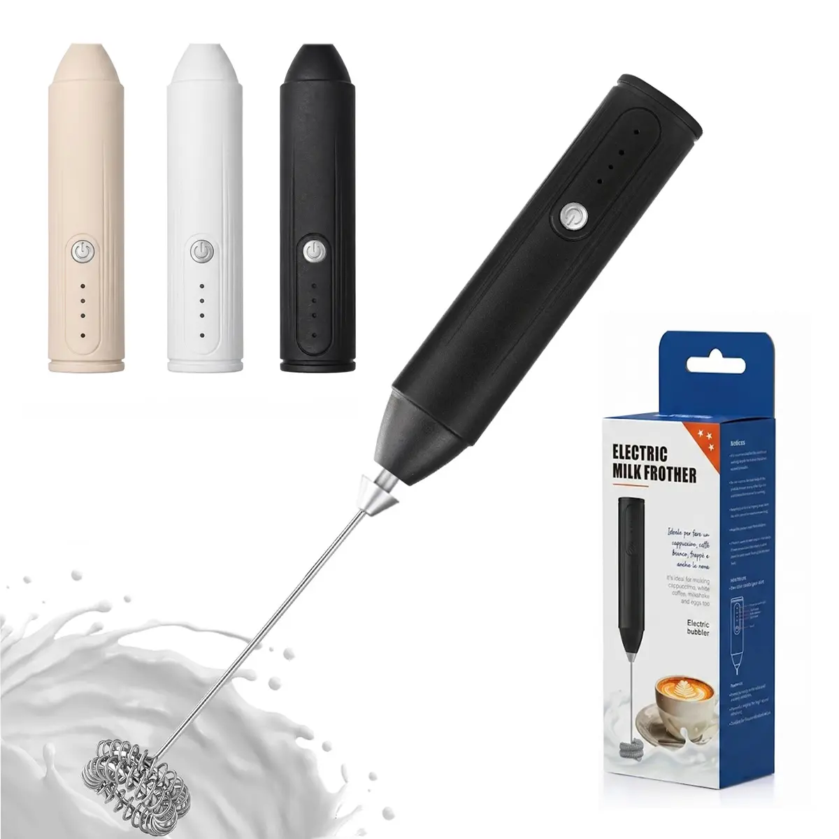 Rechargeable Compact Electric Handheld Milk Frother - Stainless Steel, Food-Safe, Easy-Clean Mixer Head Whisk, 3-Speed Adjustable, USB-Powered, High RPM, Suitable for Coffee Lattes, Cappuccinos
