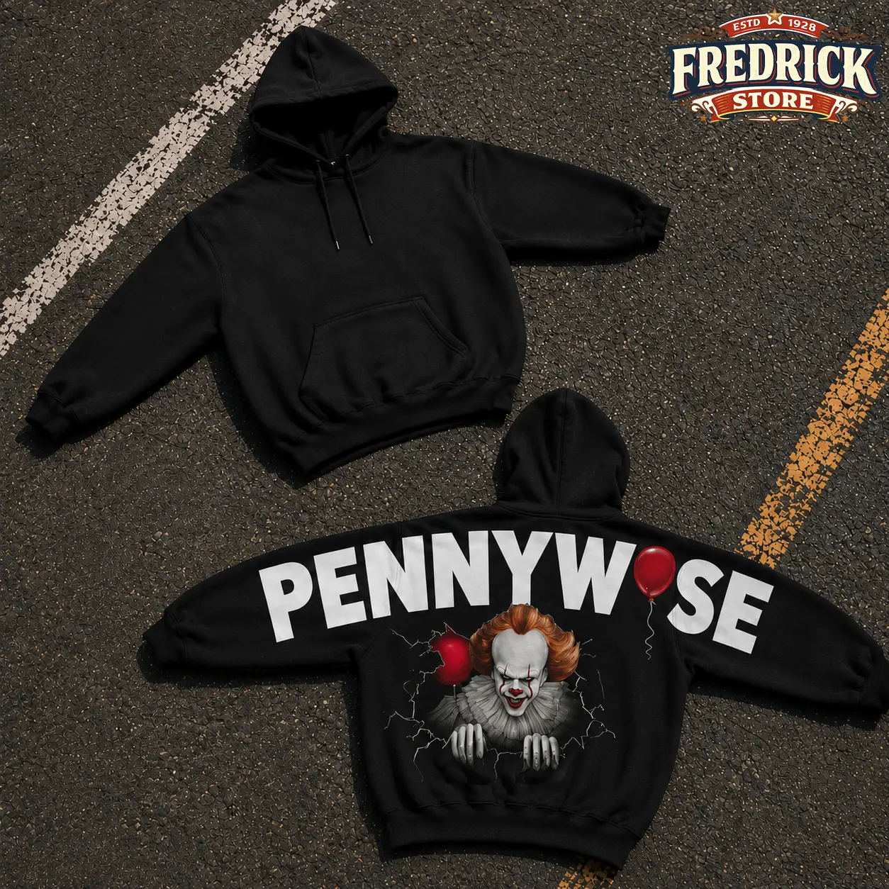 Retro Pennywise Shoulder-to-Shoulder Back Lettering Sweatshirt Hoodie, Vintage IT Kil.ler Halloween Hoodie Streetwear, Spooky Season, Gift for Him and Her, Vibes