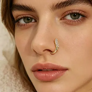 Nose accessory with non perforated U-shaped nose clip and micro inlaid zircon heart lightning crown nose nail made of copper material, easy to wear