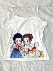 Women's Sleeveless Short Fitted Tank Top, Cute Cartoon Girls Makeup Mirror Print, Y2K Graphic Casual Top for Streetwear & Summer Outings
