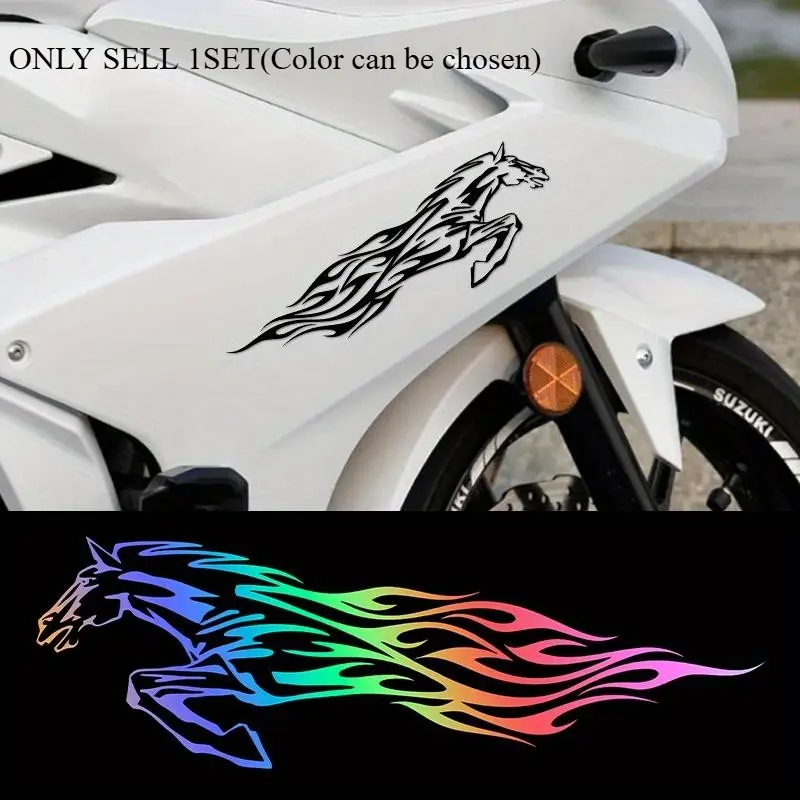 2PCS/SET Flame Horse Car Sticker Decal for Motorcycle Body Decoration, Easily Upgrade Vehicle's Racing Vitality Style, Creative Design Makes Your Ride Say Goodbye to Monotony, Show Dynamic Enthusiast Proposition Motorcycle Stickers
