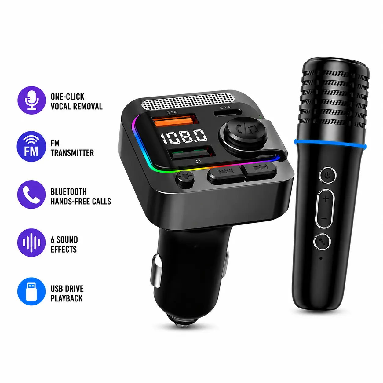Car Karaoke Kit with Wireless Microphone - Bluetooth FM Transmitter Car Audio System Portable PD Fast Car Charger RGB Ambient Light Hands-Free Calling Universal Fit All Cars for Road Trip Family Party Outdoor Travel Karaoke Machine