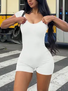 Spring Summer Sexy Slim Fit Jumpsuit, High Stretch Milk Silk Fabric, Breathable and Comfortable, Classic U Neck Design, Three Colors Available