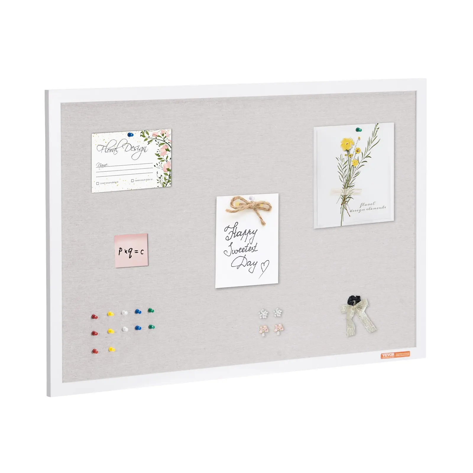 VEVOR 36x24 in White Cork Board with Linen Surface - Wall-Mount Noticeboard, 35.4 * 23.6 * 1.3 In, 11.33 lbs, Durable Smooth Frame, Complete Accessories - Stylish Home Decor for Teachers, Home Use