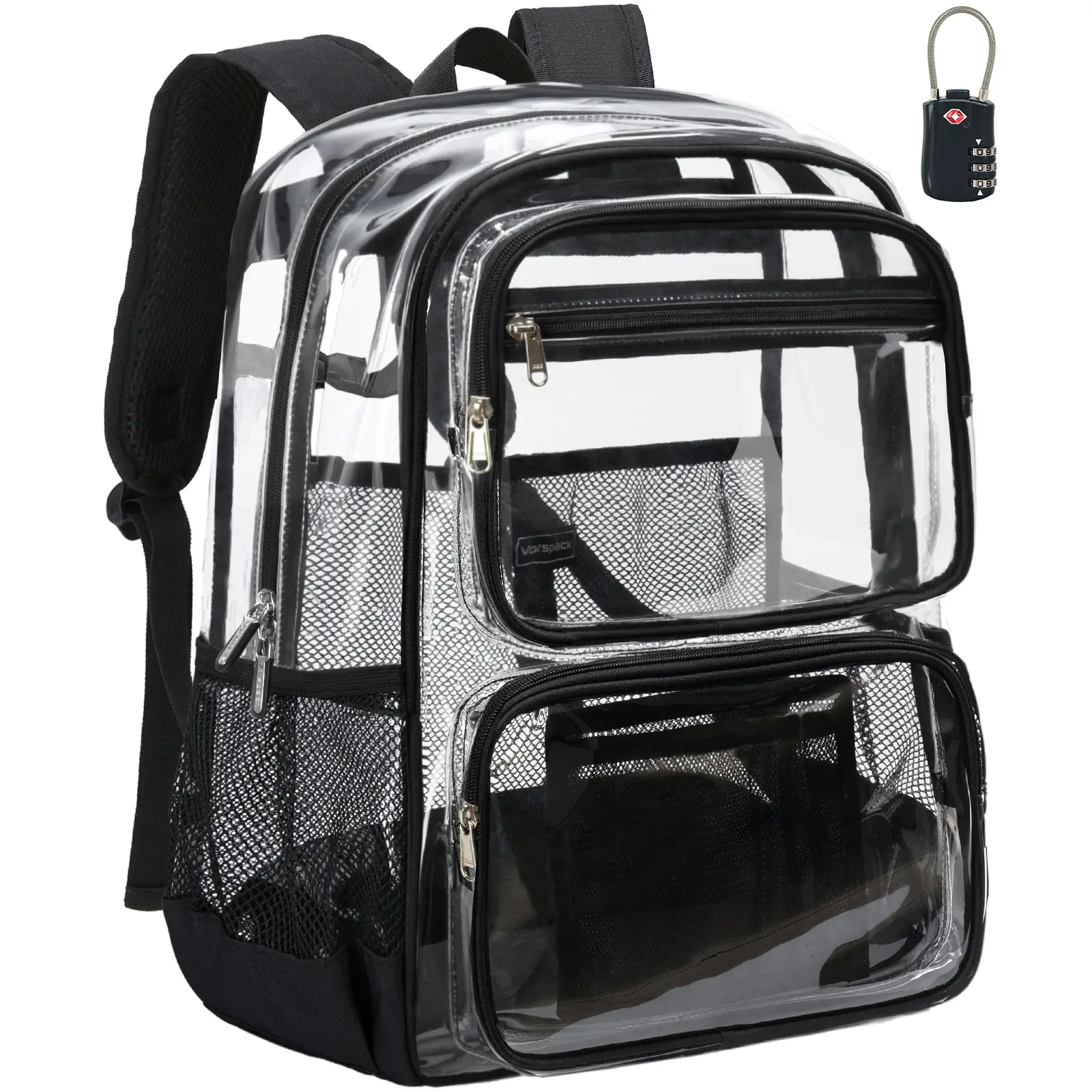 Vorspack Clear Backpack with TSA Lock, Large Clear Bookbag, Black | Heavy Duty See Through Backpacks, with Laptop Pocket, 2-Way Zipper, Transparent Clear Bag for School, Work, Travel, Security