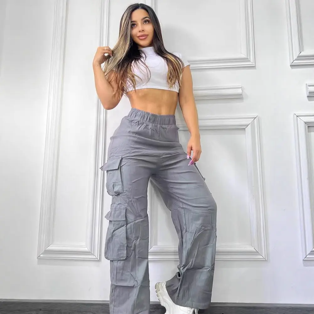 Women's Sporty Chic High-Waist Solid Cargo Joggers - Universal Wrinkle-Free Polyester Workout Pants with Elastic Waist, Cargo Pockets, Vintage Flared Bootcut, Flattering Fit, All-Seasons Sports & Outdoor Activewear