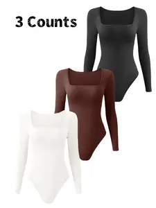 Women's Plain Basic Everyday Long Sleeve Shapewear Bodysuit, Thong Design, Square Neck Slimming Tummy Control, Ladies Underwear & Shapewear, Womenswear, Tummy Control Shapers