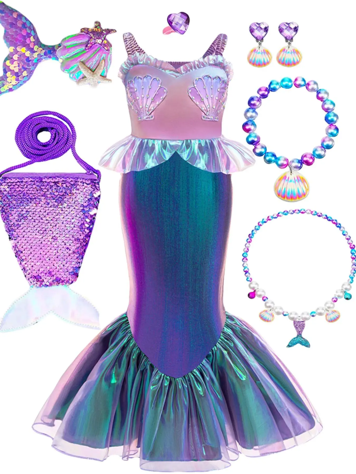 (Dress + all accessories)Kids Young Girl Dress Up Costume Birthday Party Holiday Mermaid Princess Cake Dress Purple And Green Shell Shaped Beads Mermaid Style Party Princess Dress