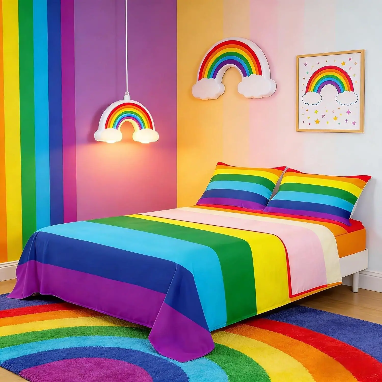 Rainbow Pride Bedding Set,-,Flag & Geometric Watercolor Pattern,Deep Pocket Fitted Sheet + Flat Sheet