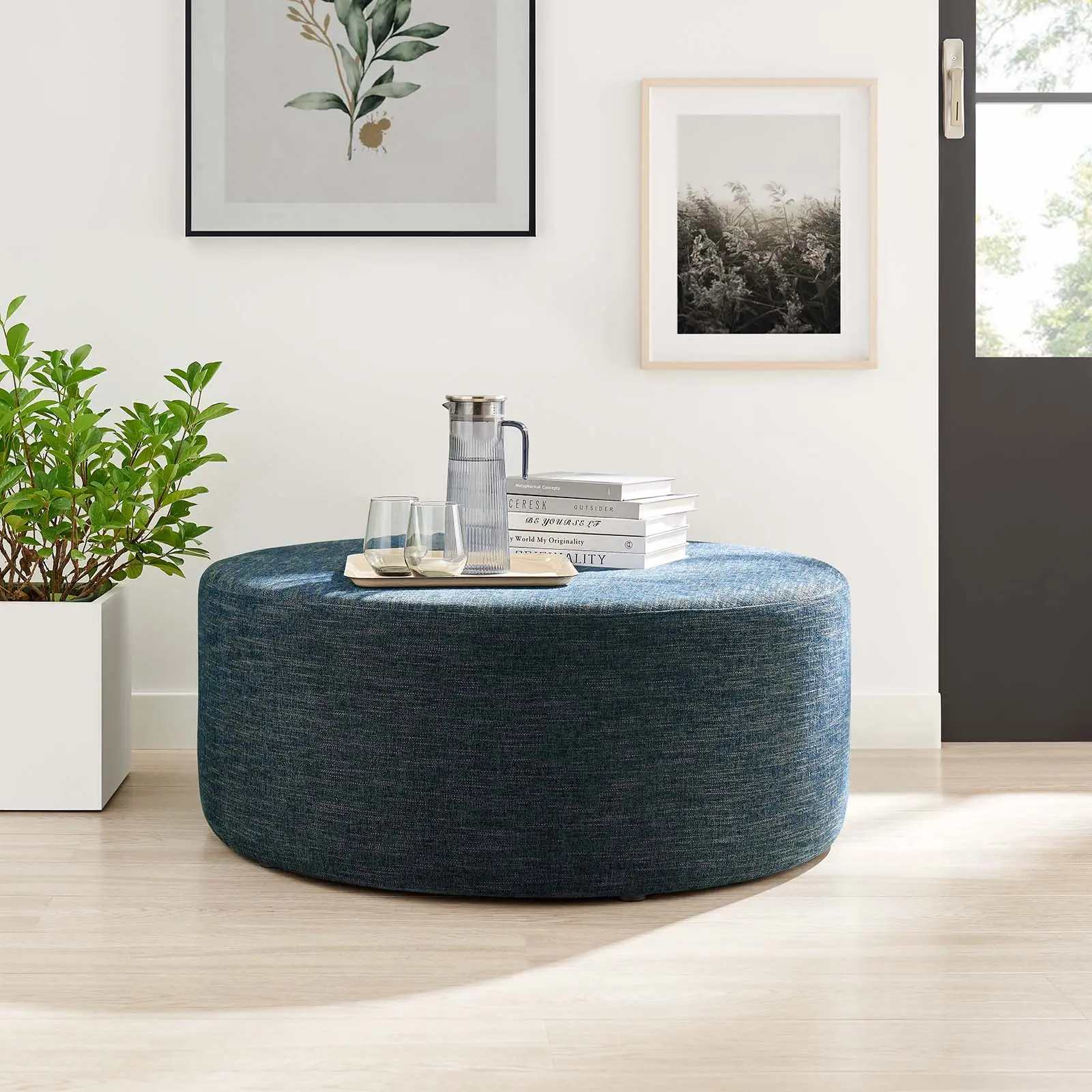 Modway Callum Large 38" Round Heathered Woven Fabric Ottoman - Footstool, Upholstered Stool, Modern Living Room Furniture in Azure Weave, Modern Upholstered Living Room Furniture